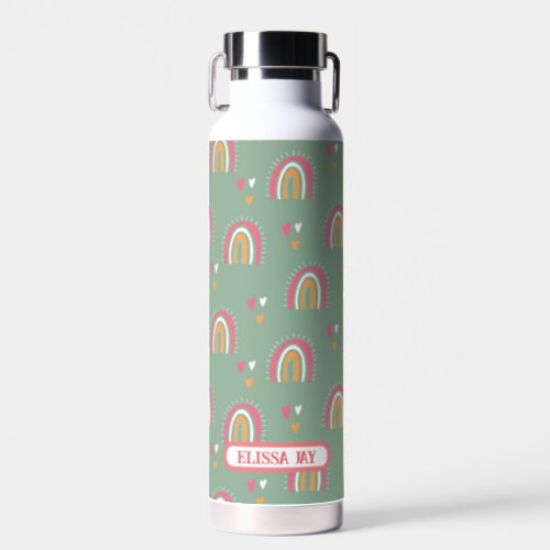 Cute Green Boho Rainbow Custom Name Gym Work Water Bottle