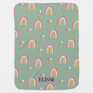 Cute Green Boho Rainbow Heart Nursery Personalized Baby Blanket
