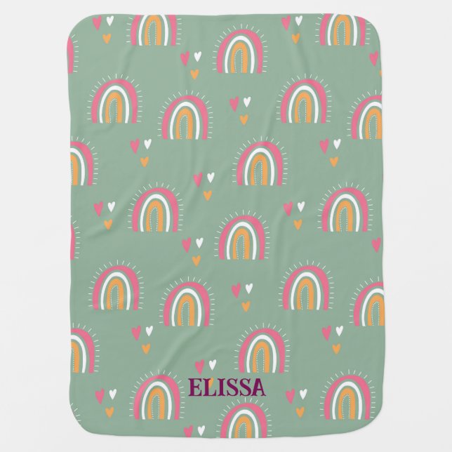 Cute Green Boho Rainbow Heart Nursery Personalized Baby Blanket (Front)