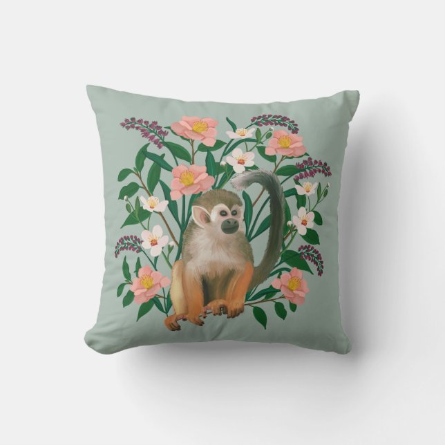 Cute Green Botanical Floral Squirrel Monkey  Throw Pillow (Front)