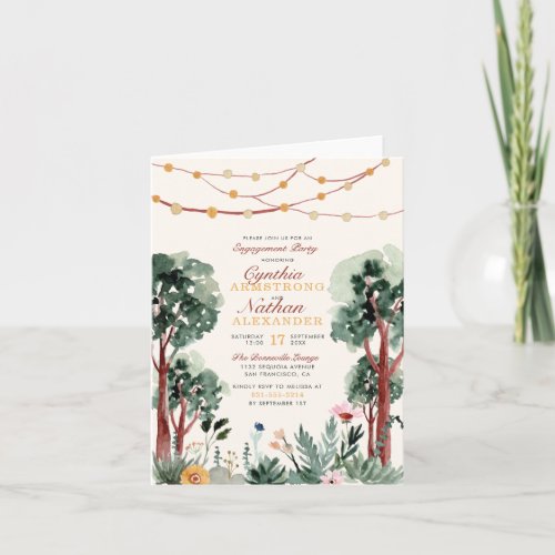 Cute Green Botanical Trees Floral Engagement Party Invitation