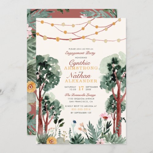 Cute Green Botanical Trees Unique Engagement Party Invitation