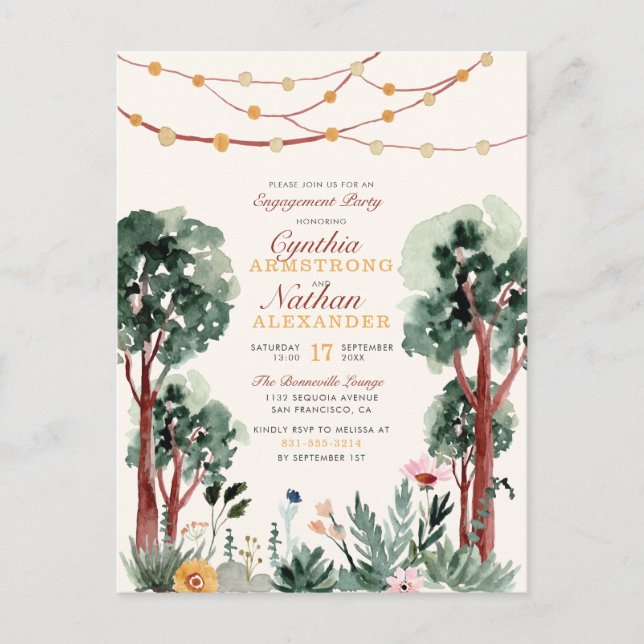Cute Green Botanical Trees Unique Engagement Party Invitation Postcard (Front)