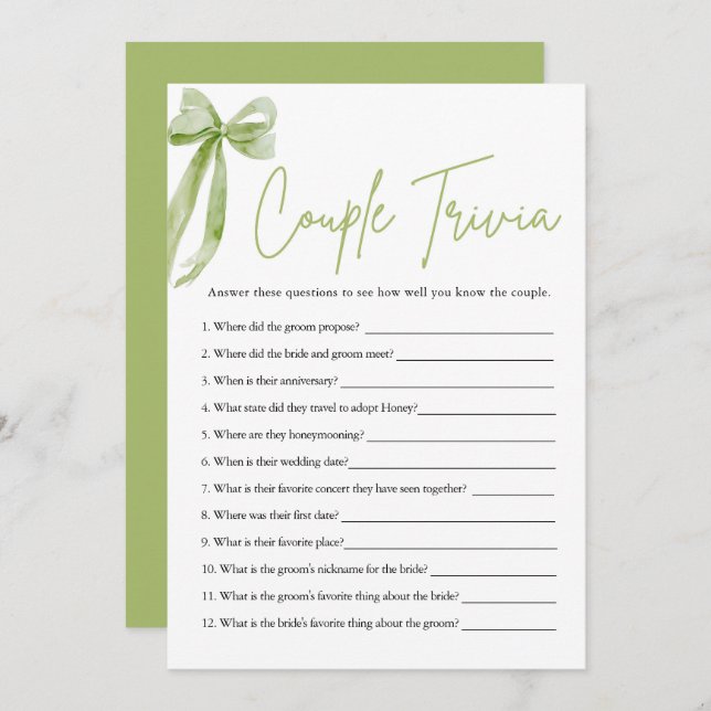 Cute Green Bow Couple Trivia Bridal Shower Game  Invitation (Front/Back)