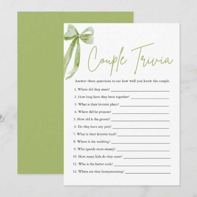 Cute Green Bow Couple Trivia Bridal Shower Game  Invitation (Front/Back)