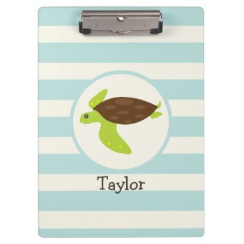 Cute Green & Brown Sea Turtle; Robins Egg Blue Clipboard by Birthday_Party_House at Zazzle
