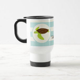Cute Green & Brown Sea Turtle; Robins Egg Blue Travel Mug