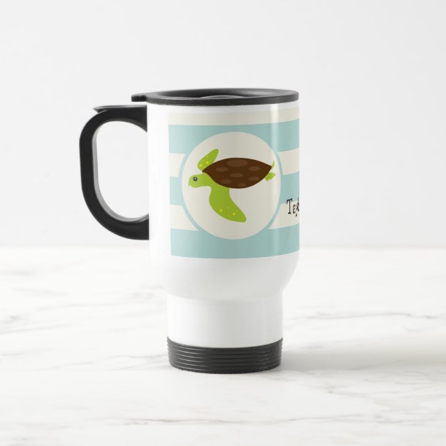 Cute Green & Brown Sea Turtle; Robins Egg Blue Travel Mug (Left)