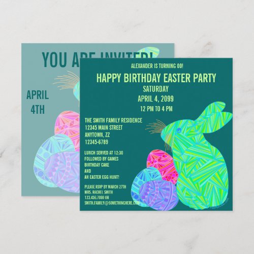 Cute Green Bunny Fun Easter Theme Birthday Invite
