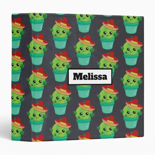 Cute Green Cactus in a Red Sombrero Pattern 3 Ring Binder (Front/Spine)