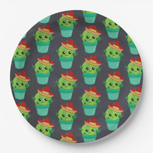 Cute Green Cactus in a Red Sombrero Pattern Paper Plates