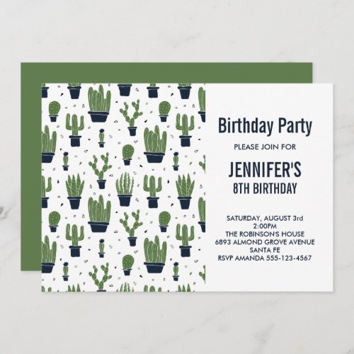 Cute Green Cactus in Flower Pots Pattern Birthday Invitation