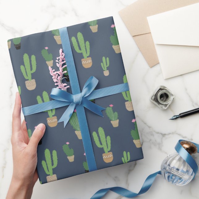 Cute Green Cactus Pattern On Blue Wrapping Paper (Gifting)