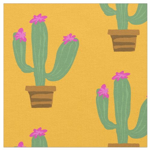 Cute green cactus plant with flower in pot pattern fabric