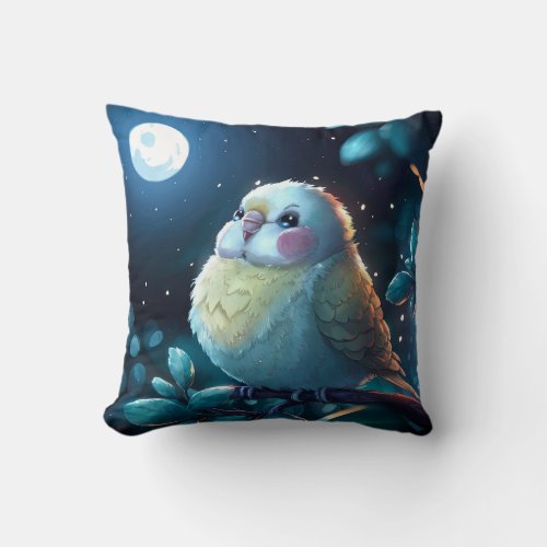 Cute Green Canary on a Tree Branch Full Moon Throw Pillow