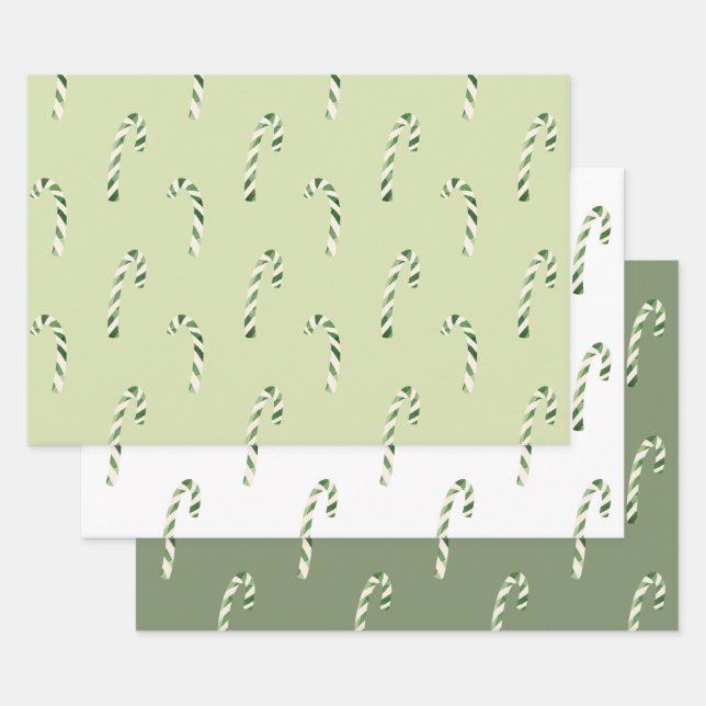 Cute Green Candy Canes Christmas Holiday Wrapping Paper Sheets (Set)