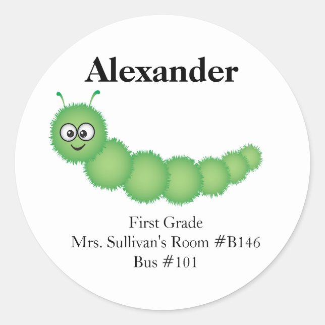 Cute Green Cartoon Caterpillar Classic Round Sticker (Front)