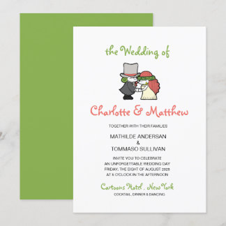 Cute Green Cartoon Characters Whimsical Wedding Invitation