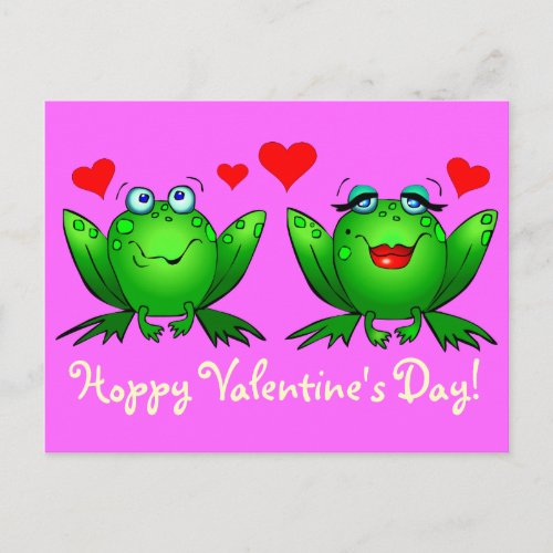 Cute Green Cartoon Frogs Hoppy Valentines Day Pink Holiday Postcard