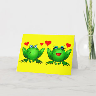 Cute Green Cartoon Frogs Love Hearts Yellow Blank Card