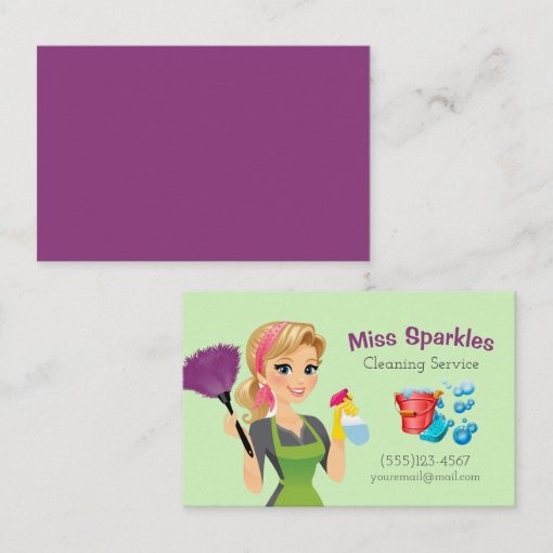 Cute Green Cartoon Maid House Cleaning Service Business Card | Zazzle