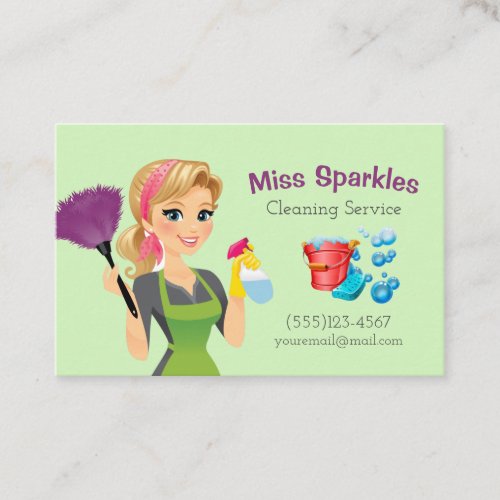 Cute Green Cartoon Maid House Cleaning Service Business Card