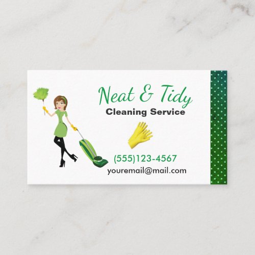 Cute Green Cartoon Maid House Cleaning Services Business Card