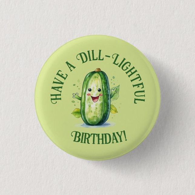 Cute Green Cartoon Pickle Birthday Button (Front)