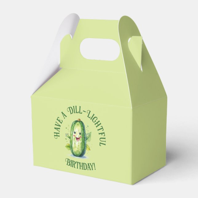 Cute Green Cartoon Pickle Birthday Favor Boxes (Front Side)