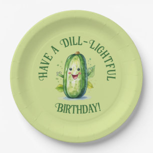 Cute Green Cartoon Pickle Birthday Paper Plates