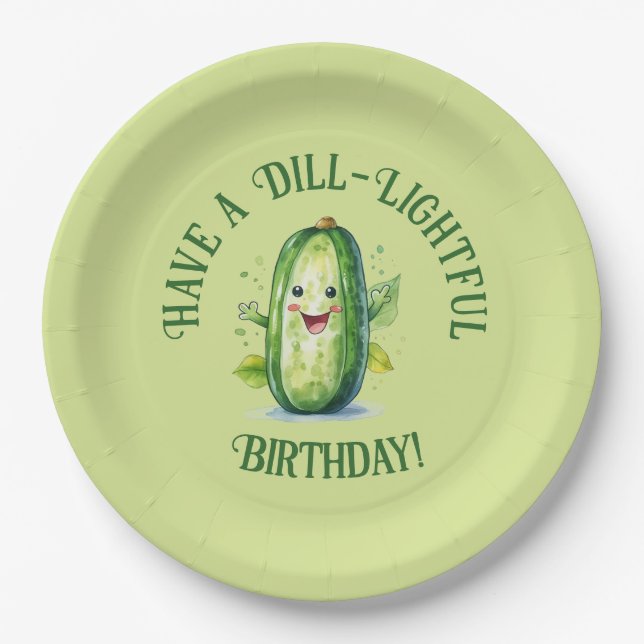 Cute Green Cartoon Pickle Birthday Paper Plates (Front)