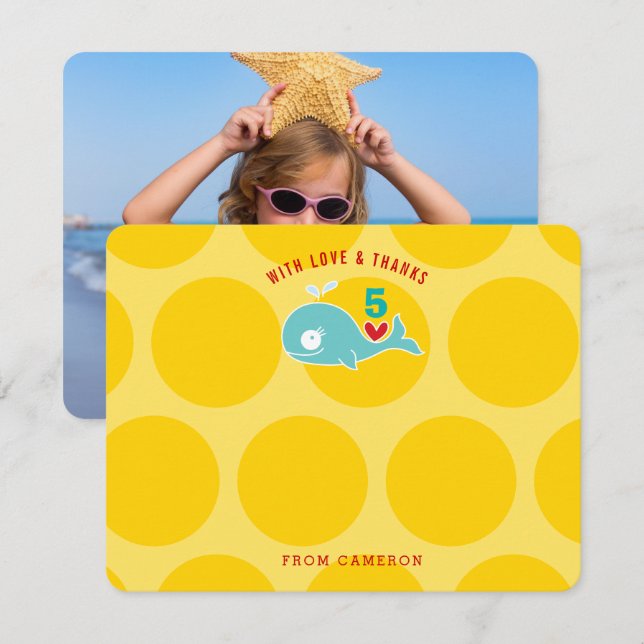 Cute Green Cartoon Whale Kid Birthday Party Photo Thank You Card (Front/Back)