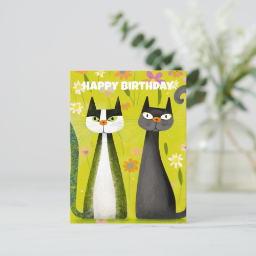Cute Green Cat Birthday Postcard