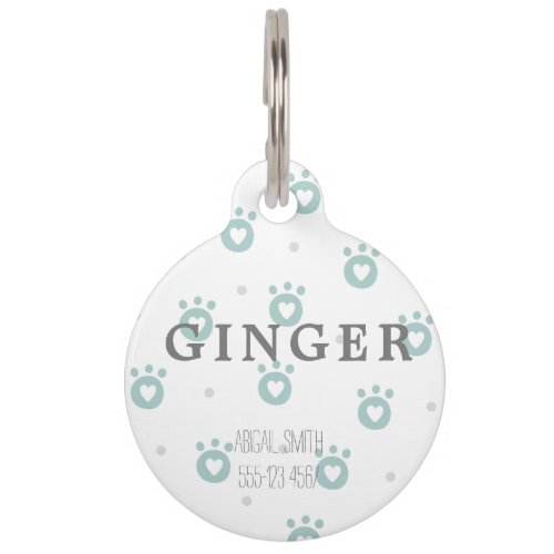 Cute Green Cat Paws with Hearts Round Pet Tag