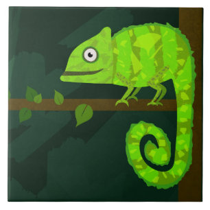 Cute Green Chameleon Illustration Tropical Reptile Ceramic Tile