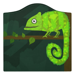 Cute Green Chameleon Illustration Tropical Reptile Door Sign
