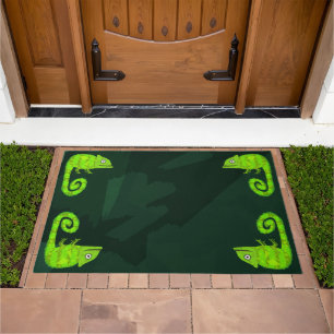Cute Green Chameleon Illustration Tropical Reptile Doormat