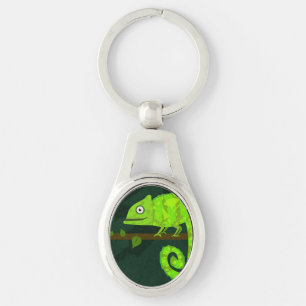 Cute Green Chameleon Illustration Tropical Reptile Keychain