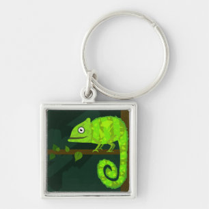 Cute Green Chameleon Illustration Tropical Reptile Keychain