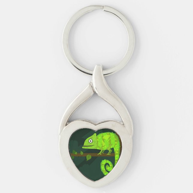 Cute Green Chameleon Illustration Tropical Reptile Keychain (Front)