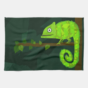 Cute Green Chameleon Illustration Tropical Reptile Kitchen Towel