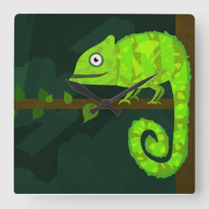 Cute Green Chameleon Illustration Tropical Reptile Square Wall Clock