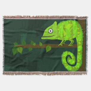 Cute Green Chameleon Illustration Tropical Reptile Throw Blanket