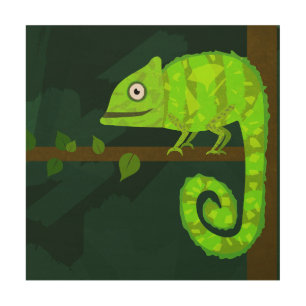 Cute Green Chameleon Illustration Tropical Reptile Wood Wall Art