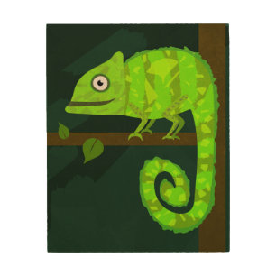 Cute Green Chameleon Illustration Tropical Reptile Wood Wall Art