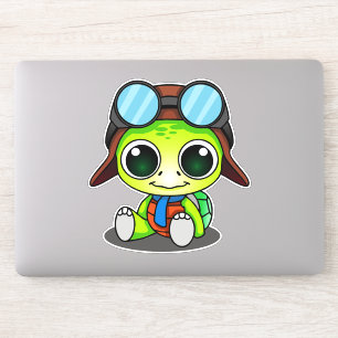 Cute Green Chibi Cartoon Turtle in Aviator Hat Sticker