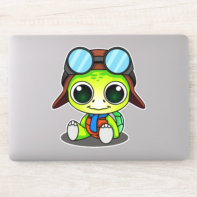 Cute Green Chibi Cartoon Turtle in Aviator Hat Sticker (Computer)