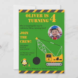 Cute Green Children's Construction Birthday Invitation