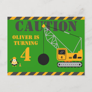 Cute Green Children's Construction Party Invitation Postcard