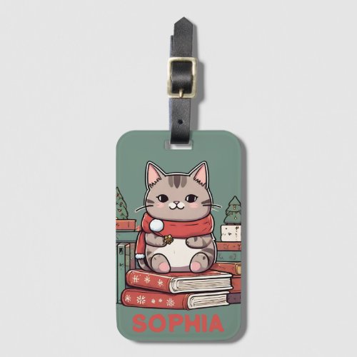 Cute Green Christmas Cat Name Personalized Kids Luggage Tag